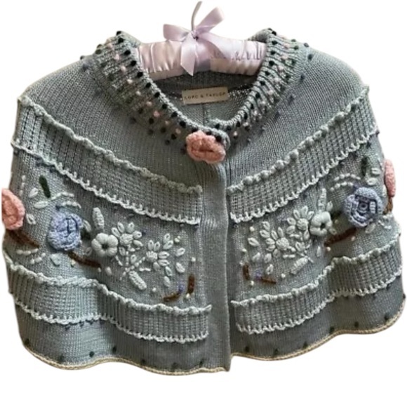 Vintage Lord and Taylor Wool Blend Knit Poncho Cape Shawl Capelet Cottage Granny - Picture 2 of 16